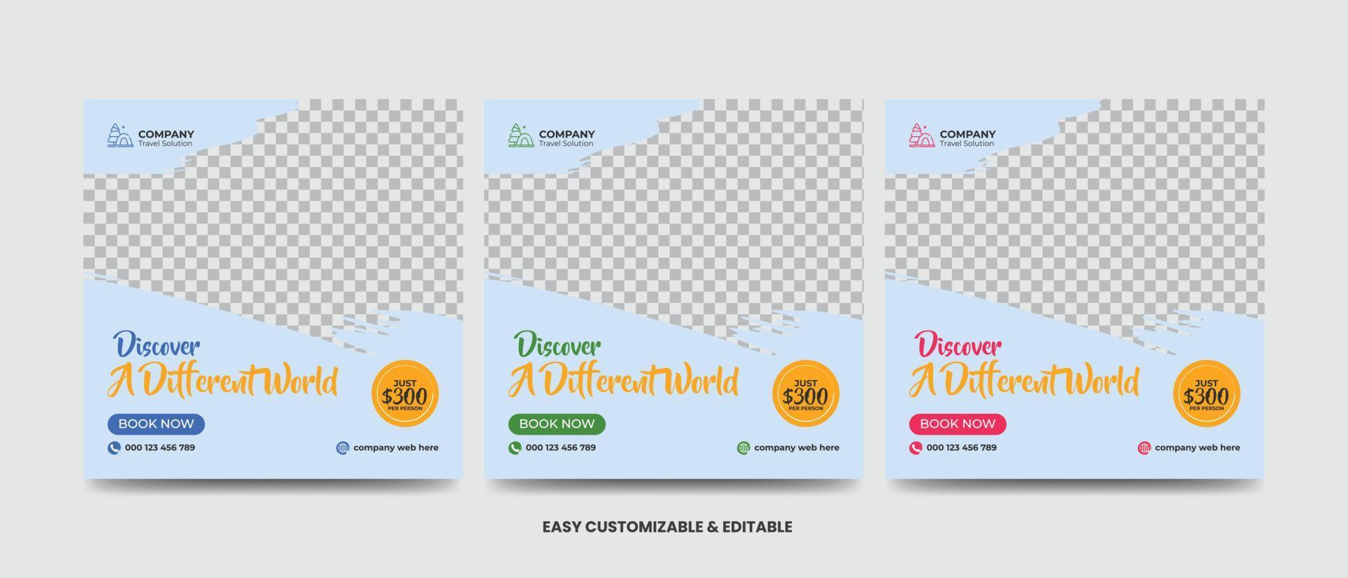 Travel and vacation square social media banner post template with brush stroke. Travel agency ads banner. Modern travel social media vector
