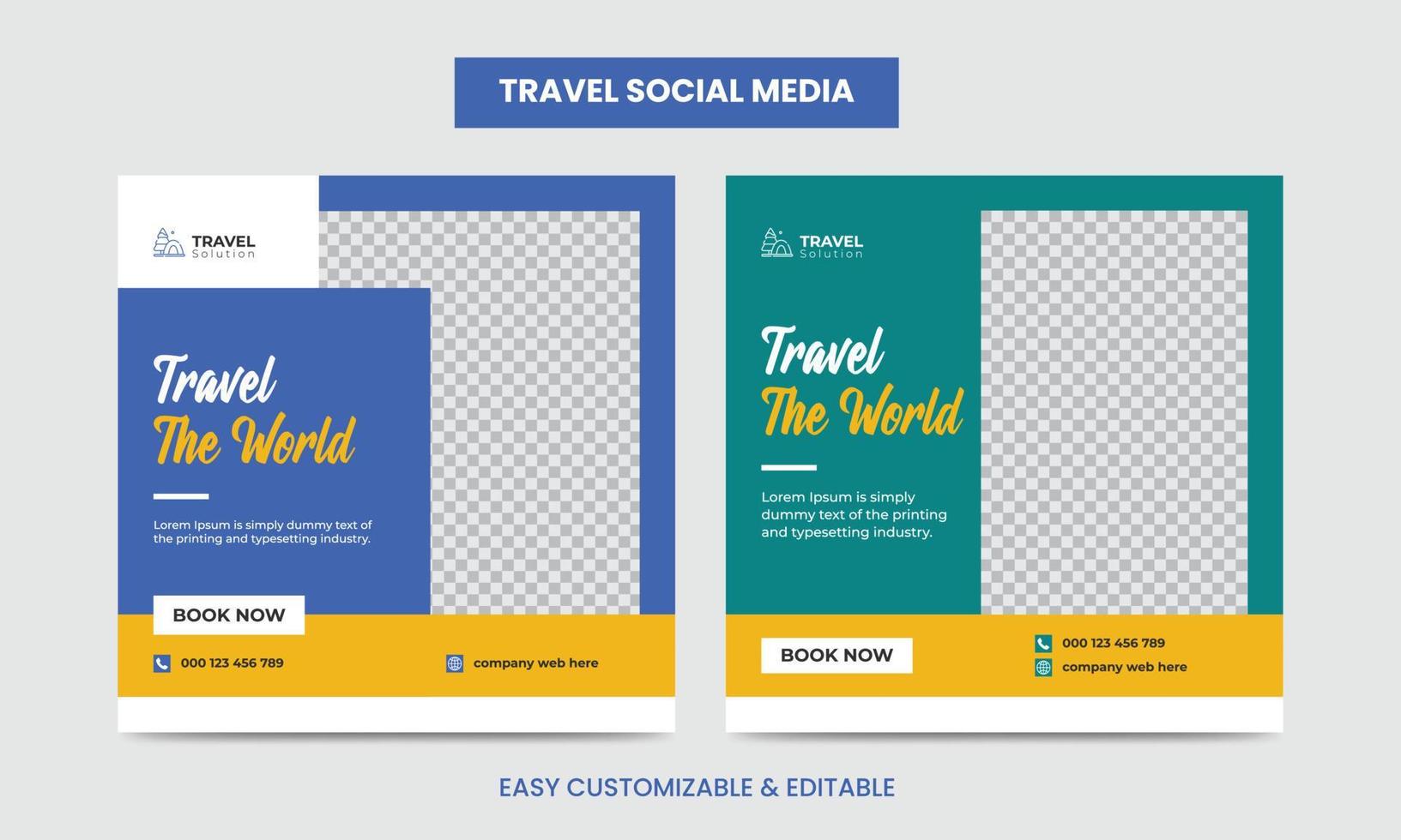 Travel and vacation square social media banner post template with brush stroke. Travel agency ads banner. Modern travel social media vector