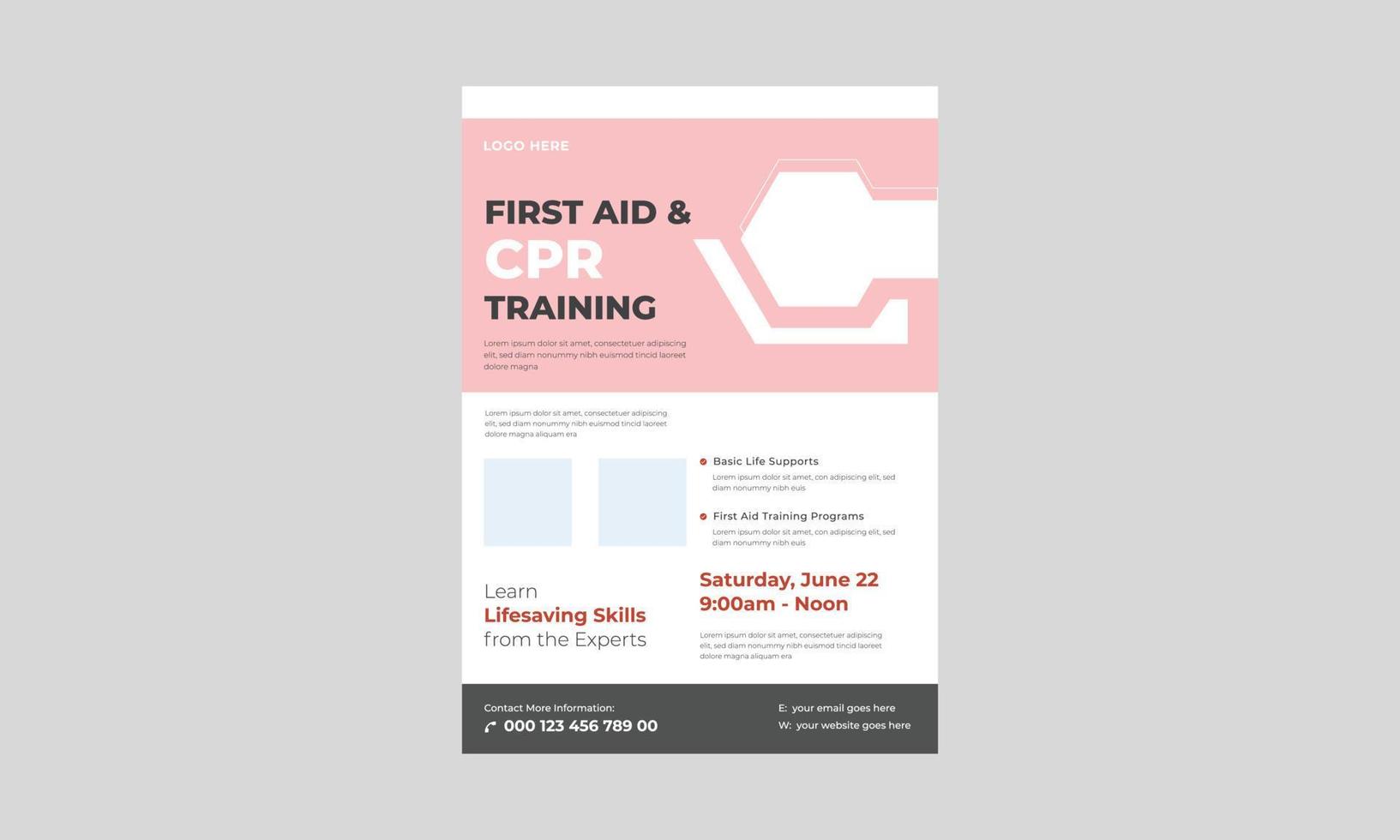 CPR training and first aid medical flyer, First aid training service promotion poster leaflet template. CPR training flyer template. vector
