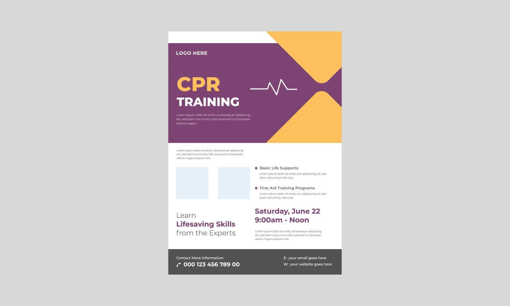 CPR training and first aid medical flyer, First aid training service promotion poster leaflet template. CPR training flyer template. vector