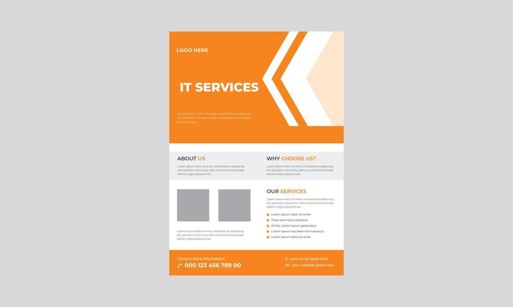 plantilla de volante de servicio y administración de TI, volante del centro de reparación de tecnología, diseño de folleto de póster de servicio de TI virtual. vector