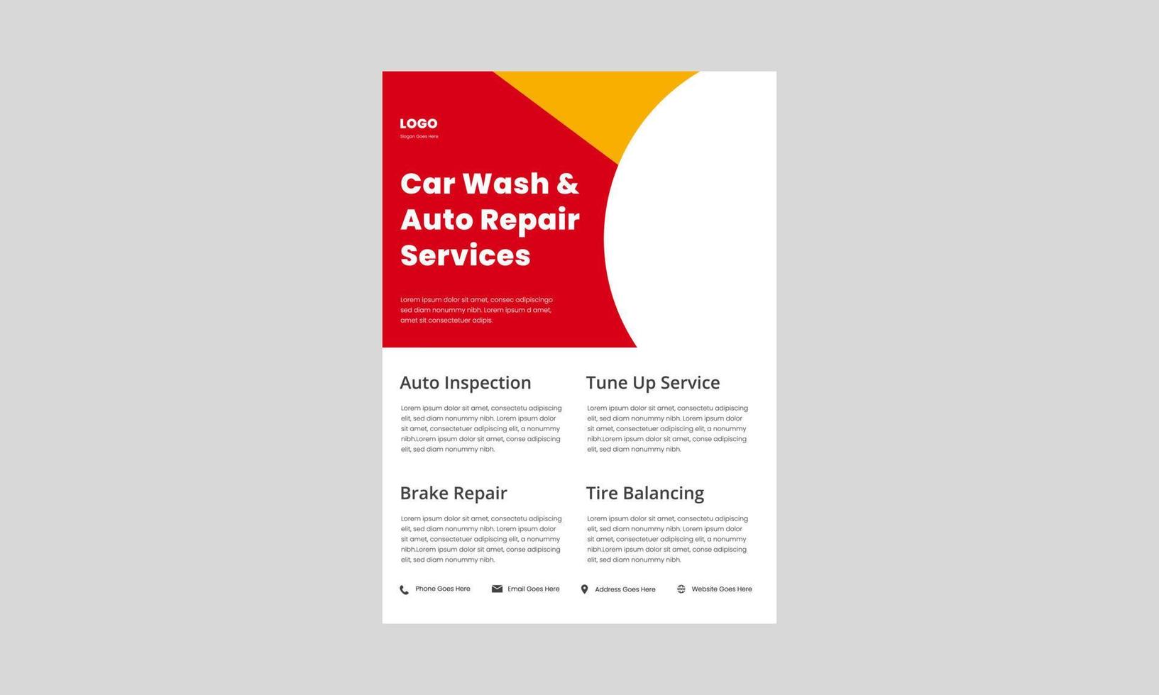 plantilla de diseño de volante de servicio de reparación de automóviles. volante de servicio de detalles de automóviles móviles, póster en color rojo. Folleto de servicio de reparación y mantenimiento de automóviles. vector