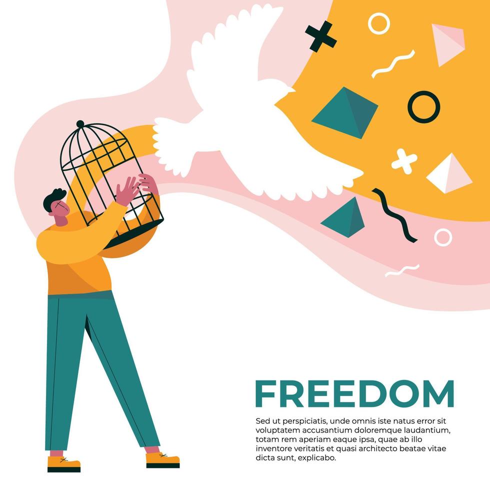 Vector hand drawn style person opens cage, bird flies wth geometric shapes in trendy colors.