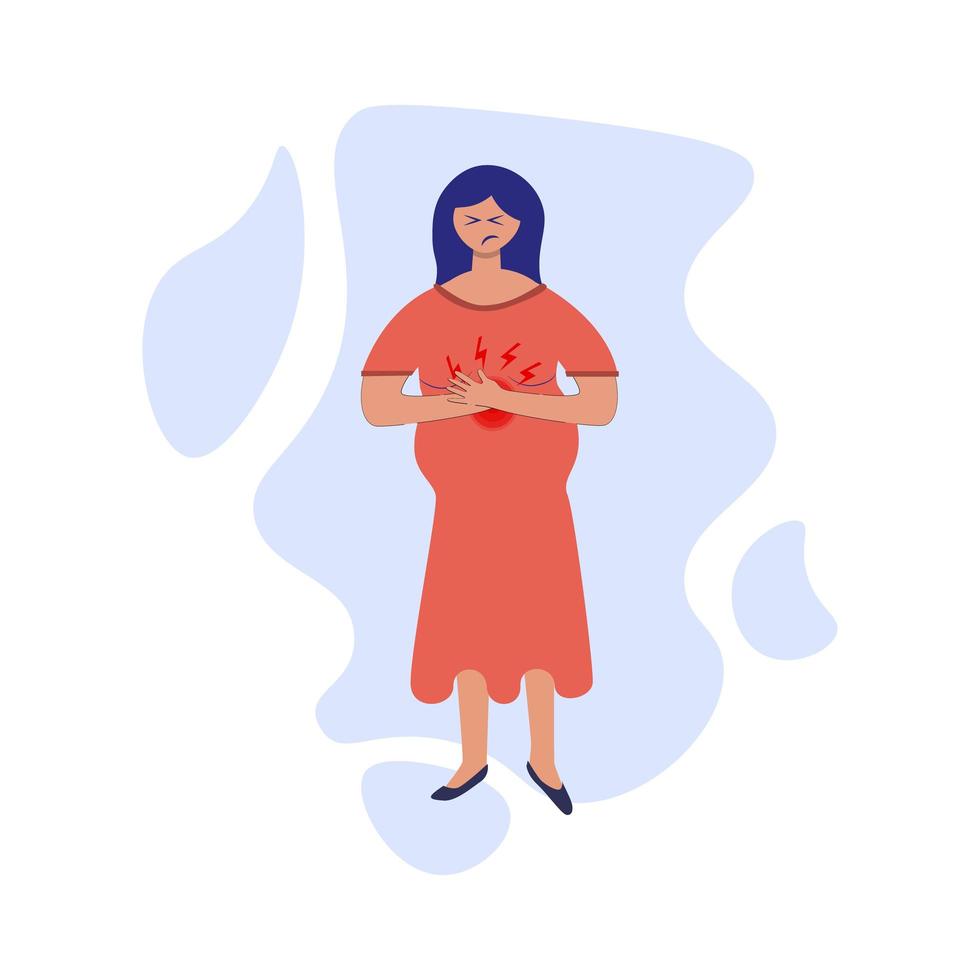 Pregnancy symptoms and problems concept. Young pregnant women suffering from heartburn, she feeling stomach ache. Problem with health, feeling bad flat illustration vector