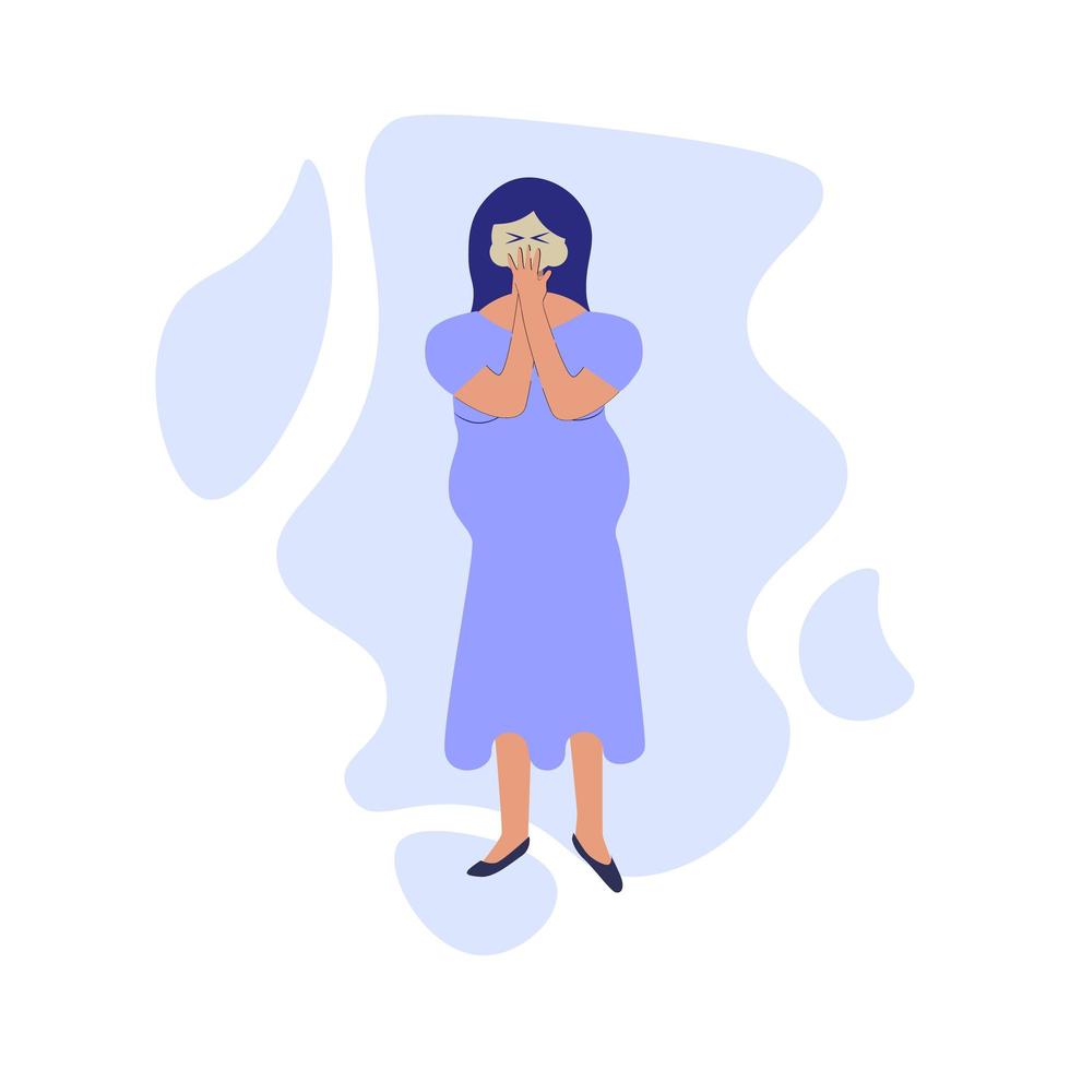 Pregnancy symptoms and problems concept. Young pregnant women suffering from toxicosis, nausea and vomiting. Morning sickness, problem with health, feeling bad, poisoning flat illustration vector