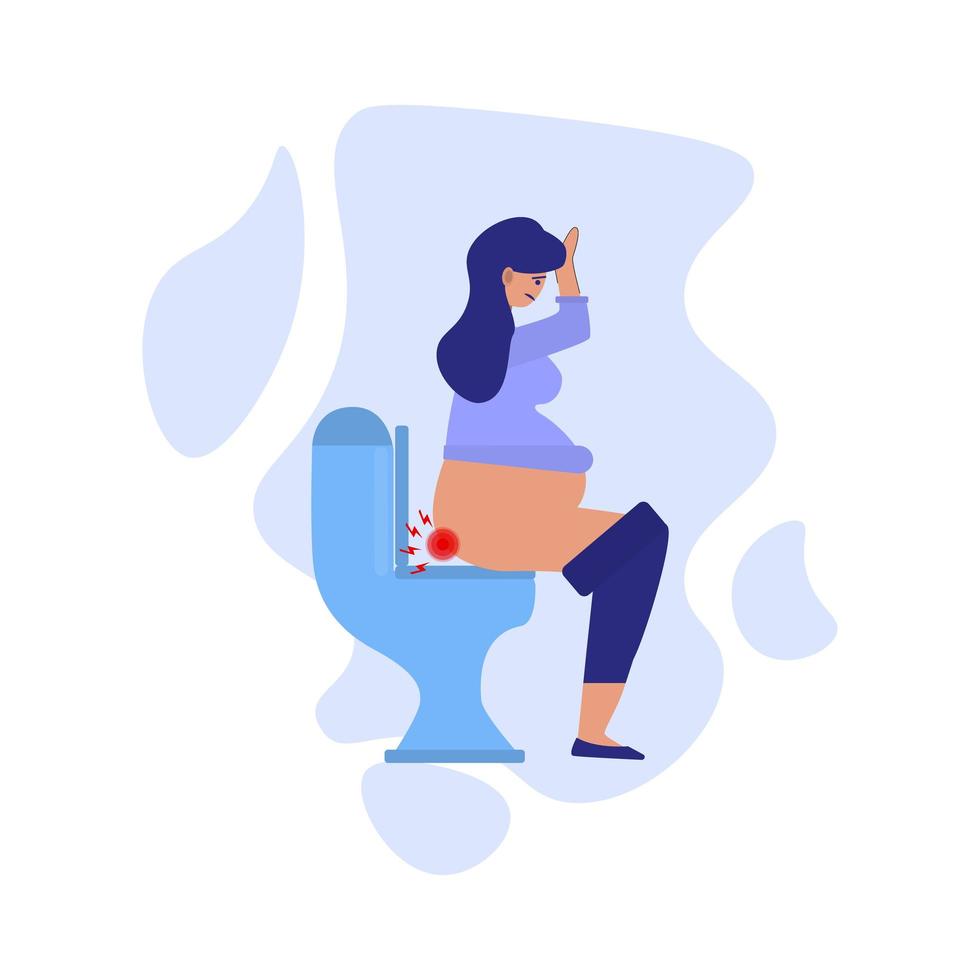 Pregnancy symptoms and problems concept. Young pregnant women sitting on the toilet and suffering from hemorrhoids. Problem with health, feeling bad flat illustration vector