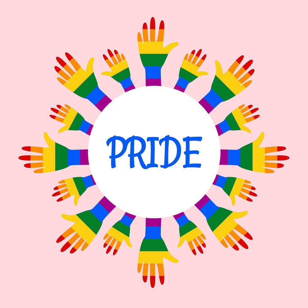 Banner for pride month. Hand in lgbtr rainbow flag colors, helping hands. Poster for support equality and homosexuality, human rights violation. Vector flat illustration, isolated on a pink