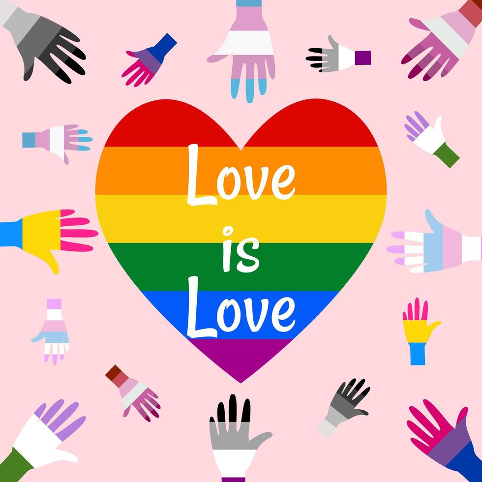 Banner for pride month. Hand in gay, transgender, lesbian, bisexual, pansexual, asexual, intersex, genderqueer, hetersexual color. Poster for support equality and homosexuality, love is love concept vector