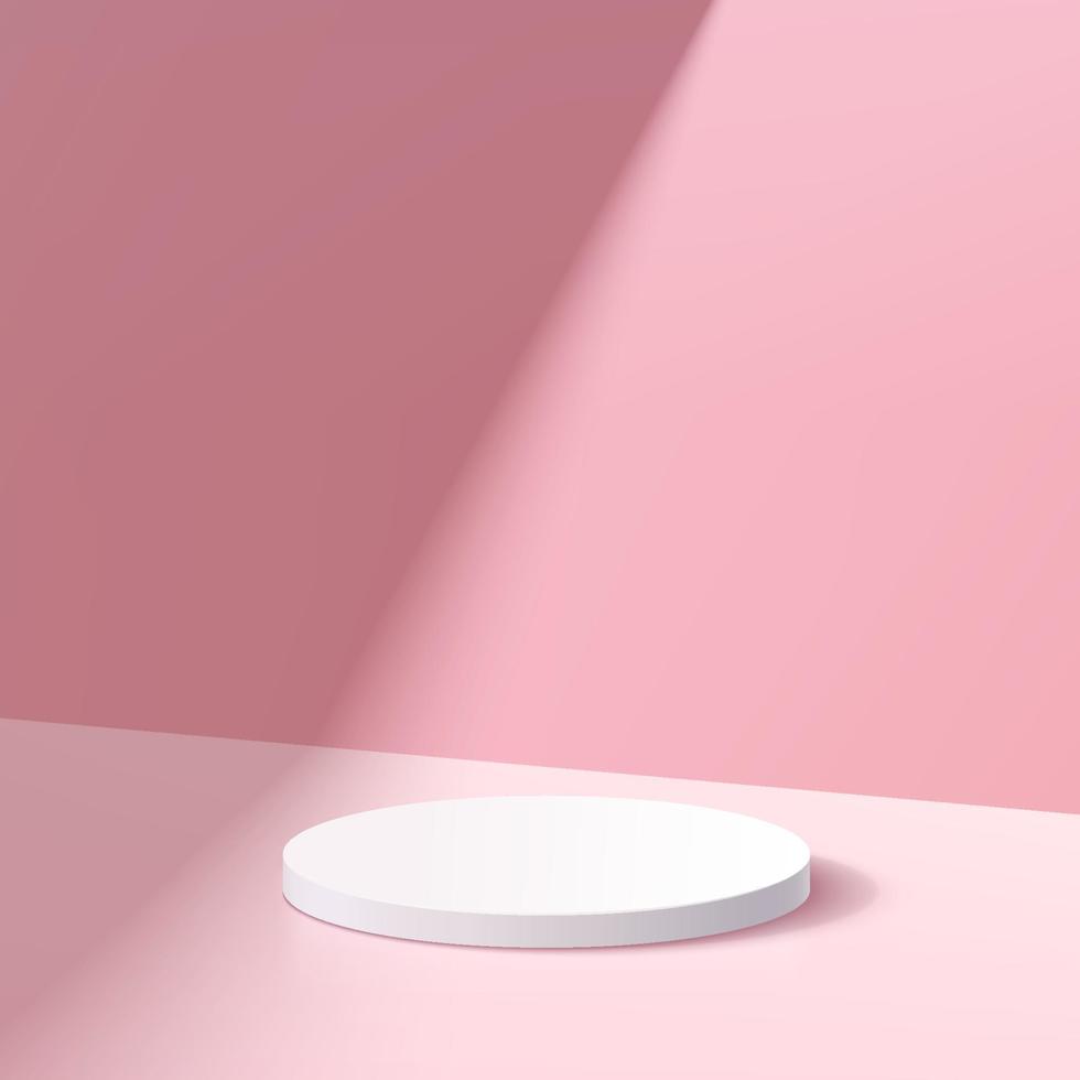 White cylinder platform podium. Window lighting. Abstract pastel pink color minimal wall scene. Geometric pedestal with shadow. Vector rendering 3d shape for cosmetic product display presentation.