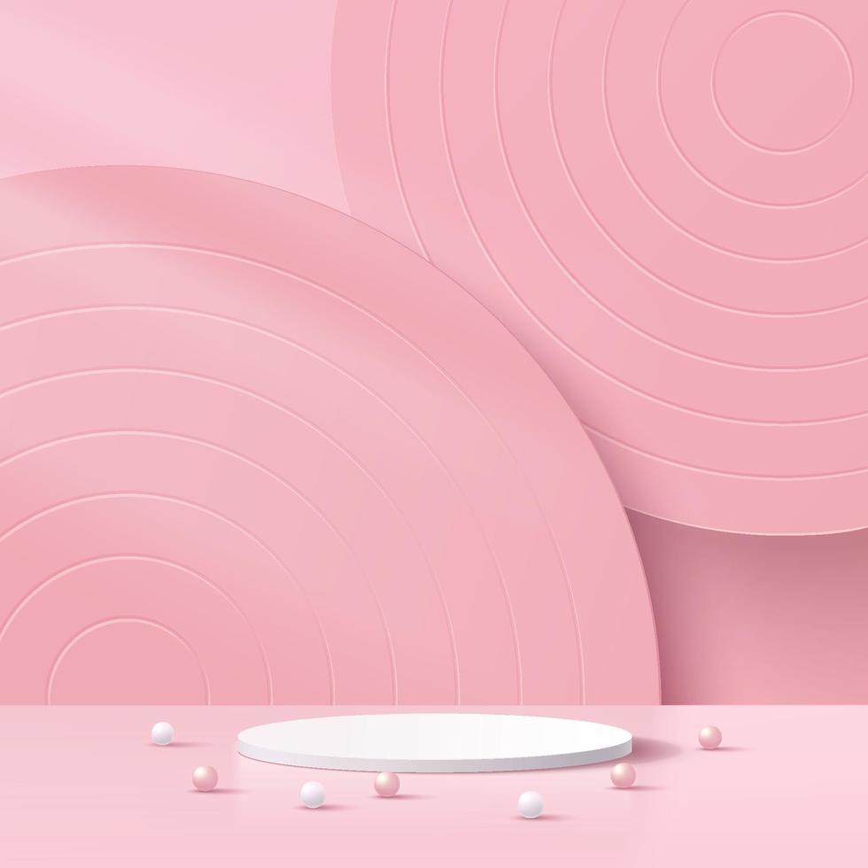 White cylinder pedestal podium. Geometric circle backdrop with shadow. Abstract pink minimal wall scene. White, pink sphere ball. Vector rendering 3d geometric shape for product display presentation.