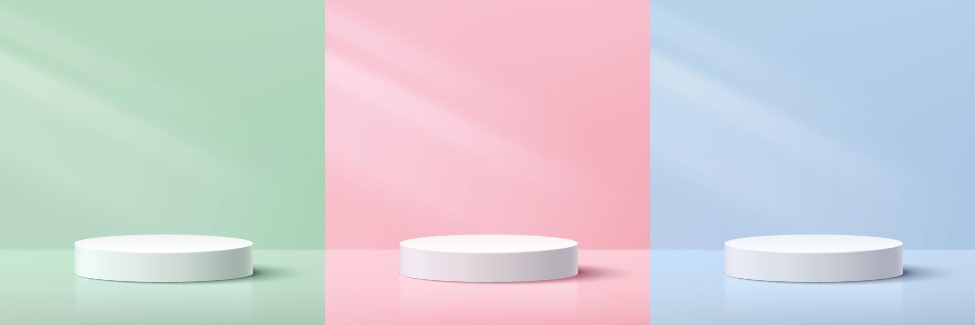 Set of white and gray cylinder pedestal podium. Pastel green, blue, pink platform collection design. Vector rendering 3d shape. Cosmetic product display presentation. Abstract minimal wall scene.