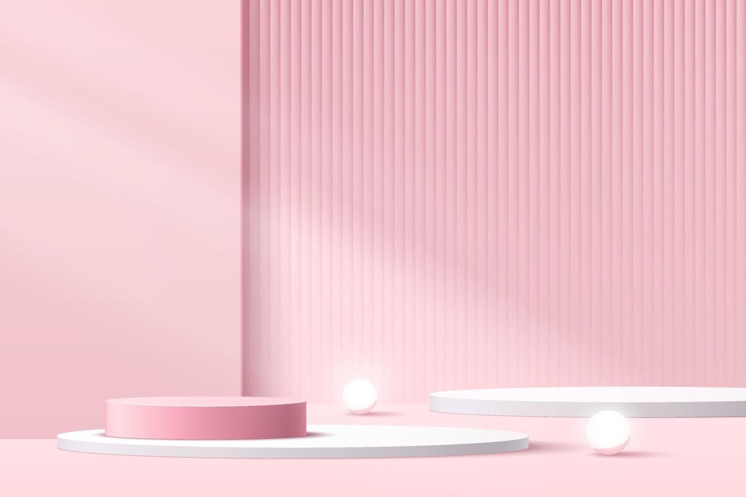 podio de pedestal de cilindro blanco y rosa con sombra. plataforma geométrica. escena de pared mínima rosa abstracta. bola de esfera de neón brillante. representación vectorial forma geométrica 3d para la presentación de productos. vector