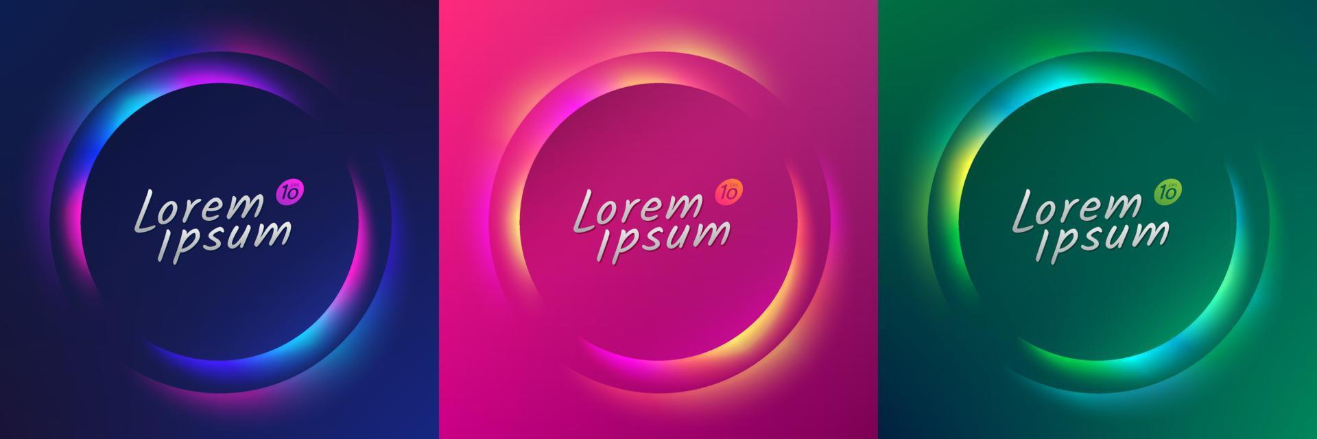 Set of blue, red-purple, green frame design. Abstract 3D cosmic vibrant color circle backdrop. Collection of glowing neon color on geometric background with copy space. Top view. futuristic style vector
