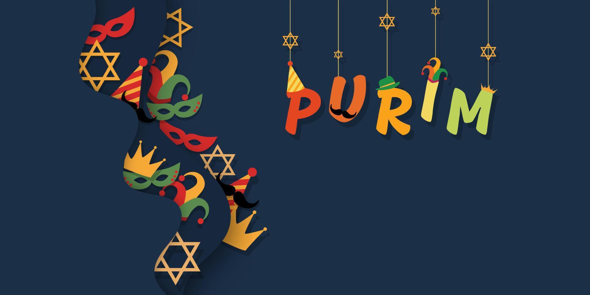 Purim carnival and festival concept. Colorful Purim on navy blue background with hat, crown, fancy mask, David star for greeting card, banner, website. Jewish holiday. vector