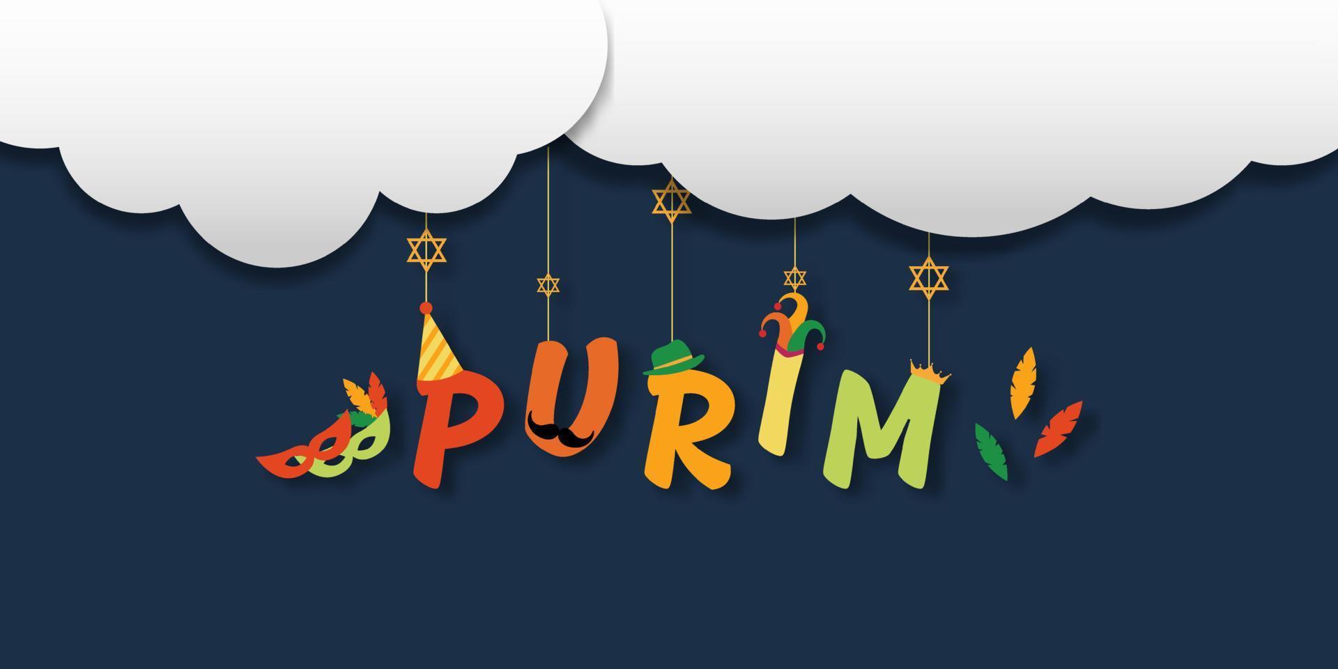 Purim carnival and festival concept. Purim hanging on the air with a white cloud on dark blue background with hat, crown, fancy mask, David star for greeting card, banner, website. Jewish holiday. vector