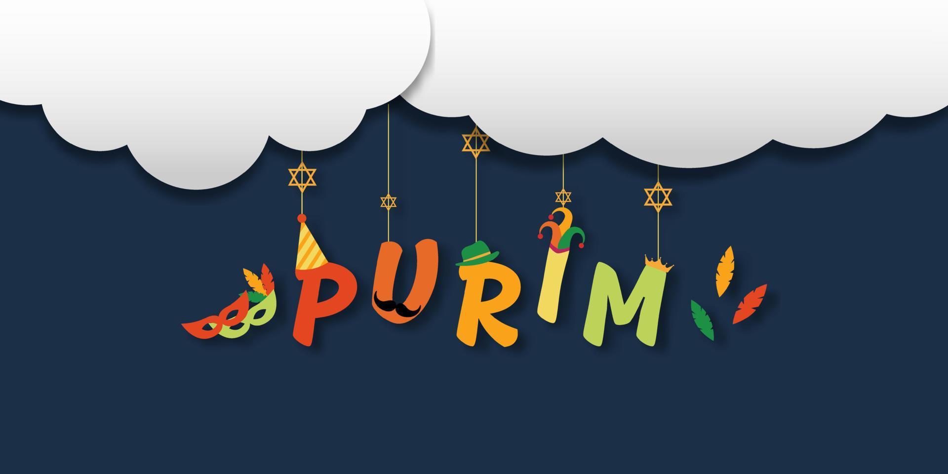 concepto de festival y carnaval de purim. purim colgando en el aire con una nube blanca sobre fondo azul oscuro con sombrero, corona, máscara elegante, estrella de david para tarjeta de saludo, pancarta, sitio web. fiesta judía. vector