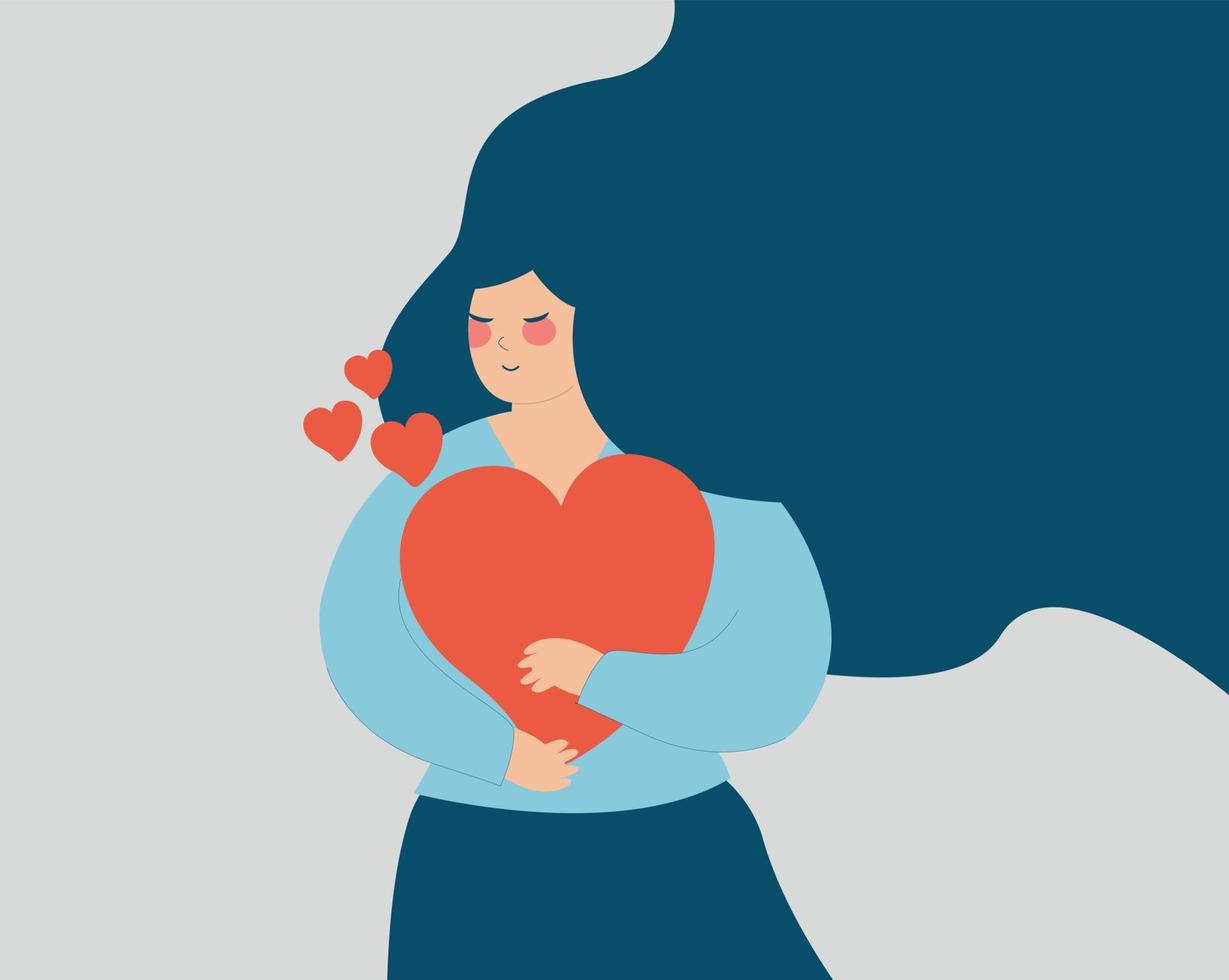 Happy woman hugs a big heart between her arms. Young mother embraces a red heart with love. Motherhood, self acceptance, confidence, mental health, positive vibes, family care concept. Vector stock.