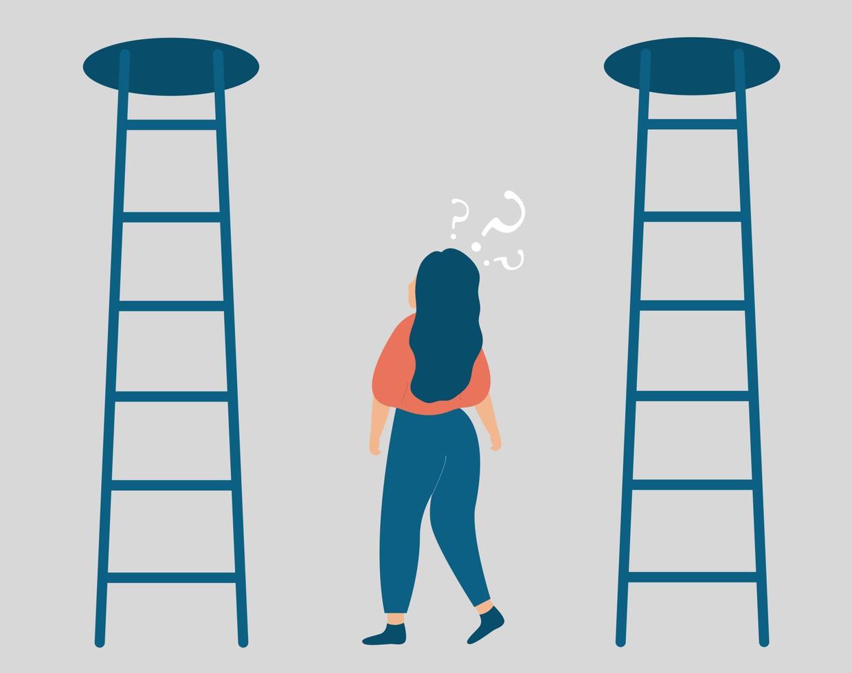 Woman has doubts between two paths. Girl in indecision to make her next step to the stairs that take to an unknown future. Professional opportunities, difficult life choice, decision making concept. vector