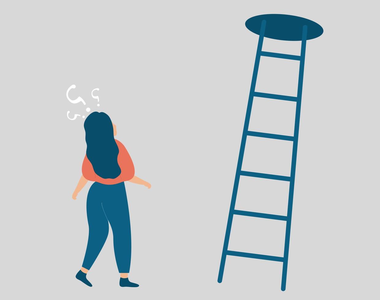 Girl thinks to make a decision about the next step to take in the future. Young woman looks confused, stands next to the stairs and looks to the top . Difficult choice making, doubt, life opportunity. vector