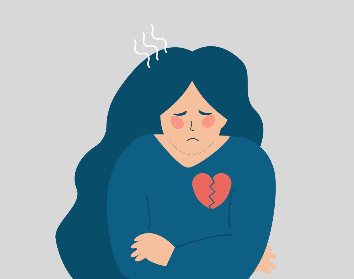 Young woman with a broken heart looks stressed. Sad girl has problems in relationship with love heartache. Female feeling upset because of break up with lover. heartbroken concept. Vector illustration