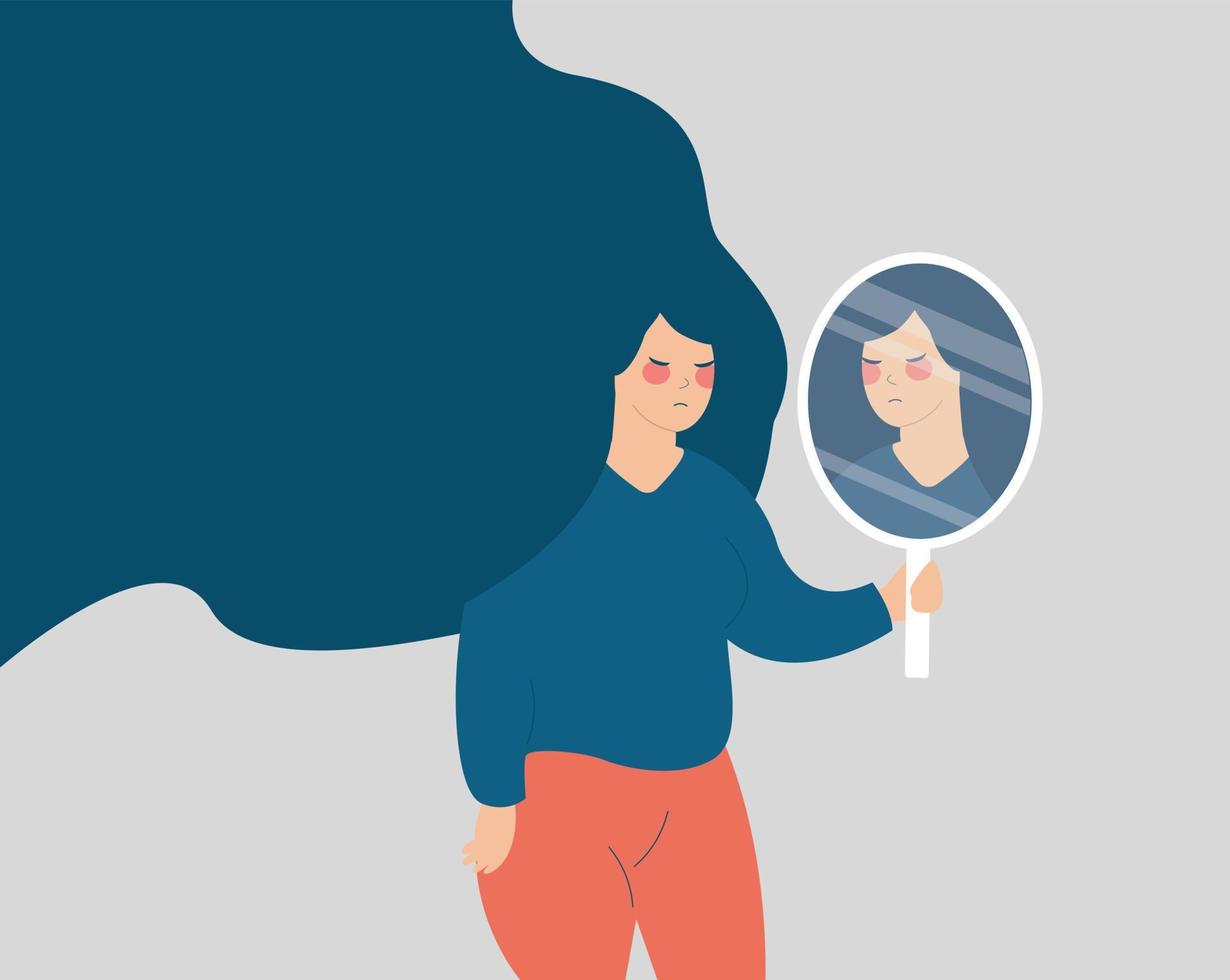 Young woman looks on her reflection in the mirror in a sad way. Girl holding a mirror and looks upset. Mental health illness, depression, stress, lack of confidence, Body Dysmorphic Disorder concept. vector