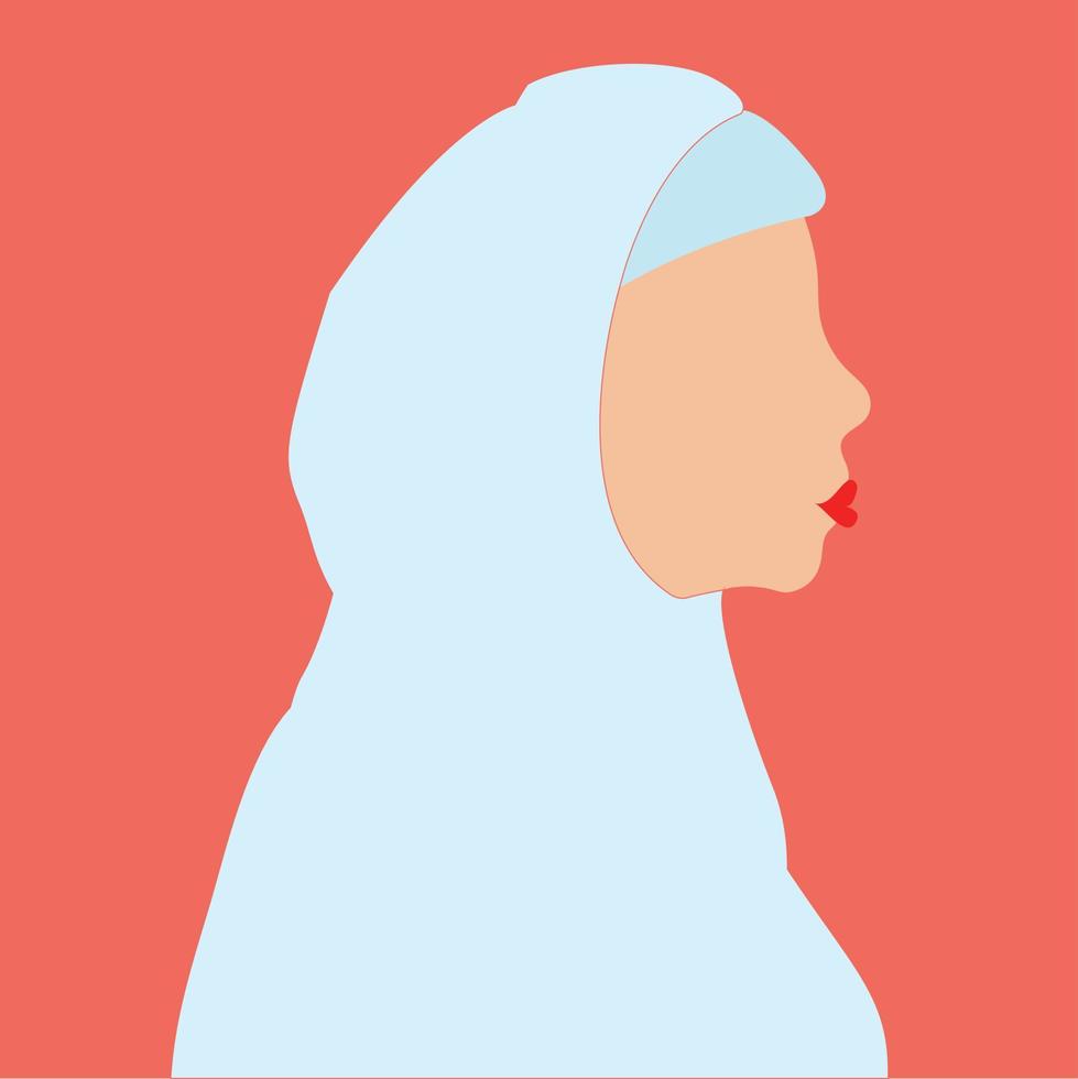 Young Arabic woman with white hijab. Face features of a Muslim adult girl in middle east region banner. Arabian Women's, mother's day greeting card. Women empowerment concept. vector illustration.