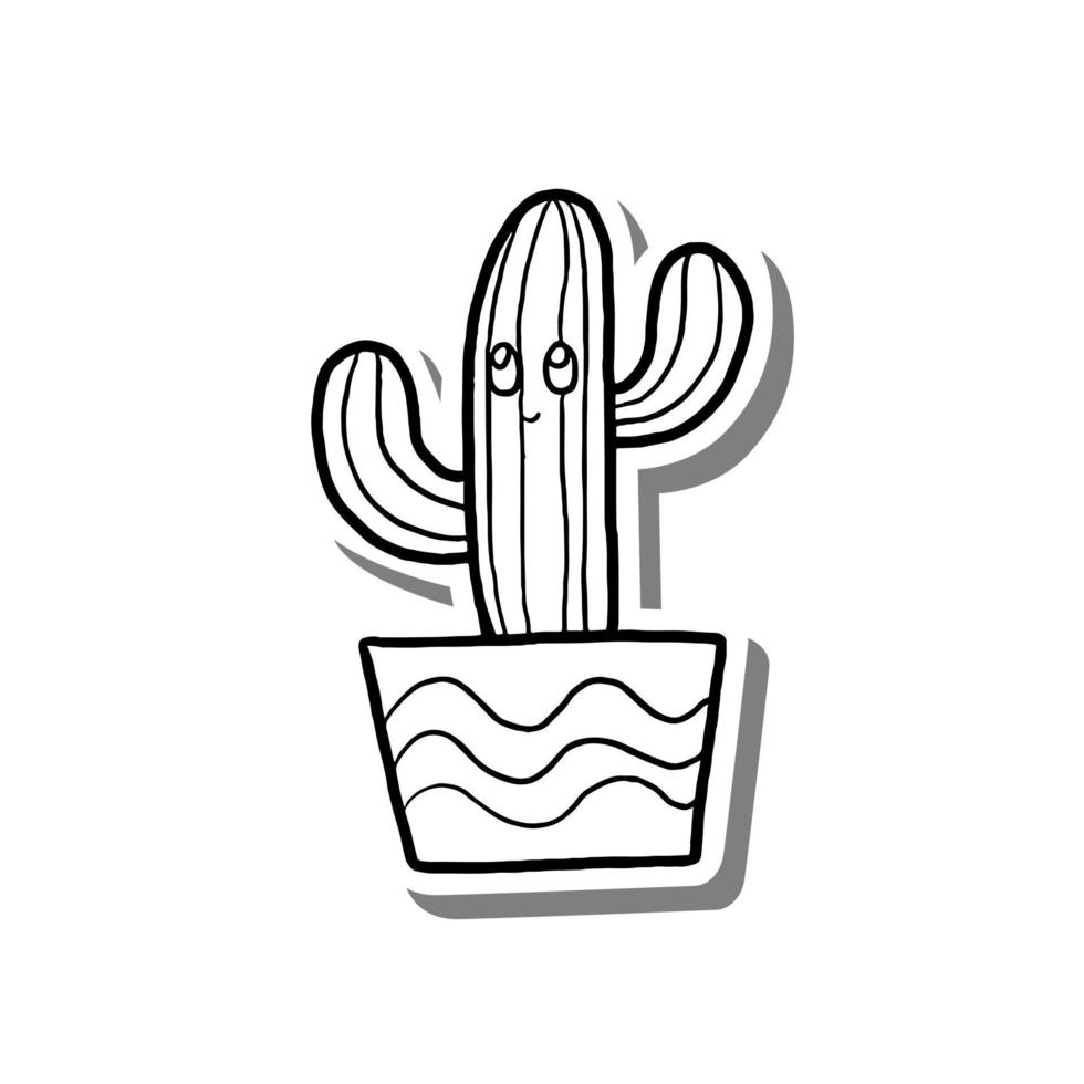 cactus de dibujos animados de línea negra con cara en silueta blanca y sombra gris. estilo de dibujos animados dibujados a mano. ilustración vectorial para decorar, colorear y cualquier diseño. vector