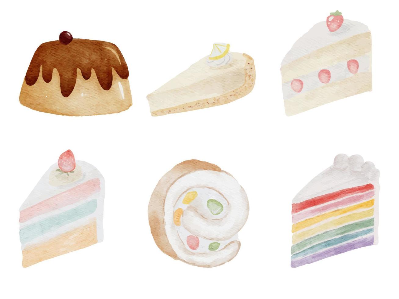watercolor cake and dessert collection isolated on white background vector