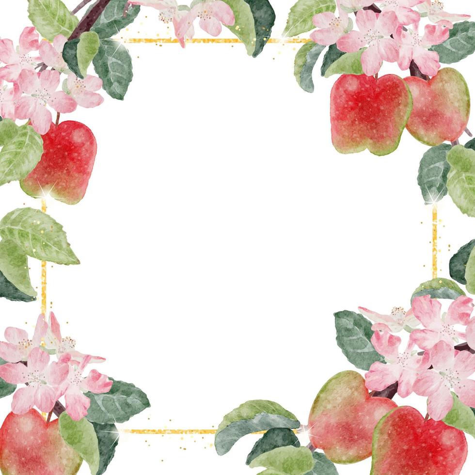 flor de manzana acuarela y fruta con marco de brillo dorado para pancarta con espacio de copia para texto vector