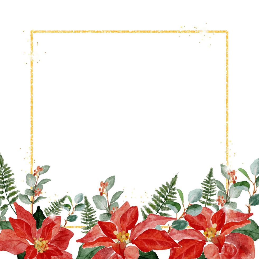 watercolor christmas poinsettia flower bouquet wreath frame with gold glitter vector