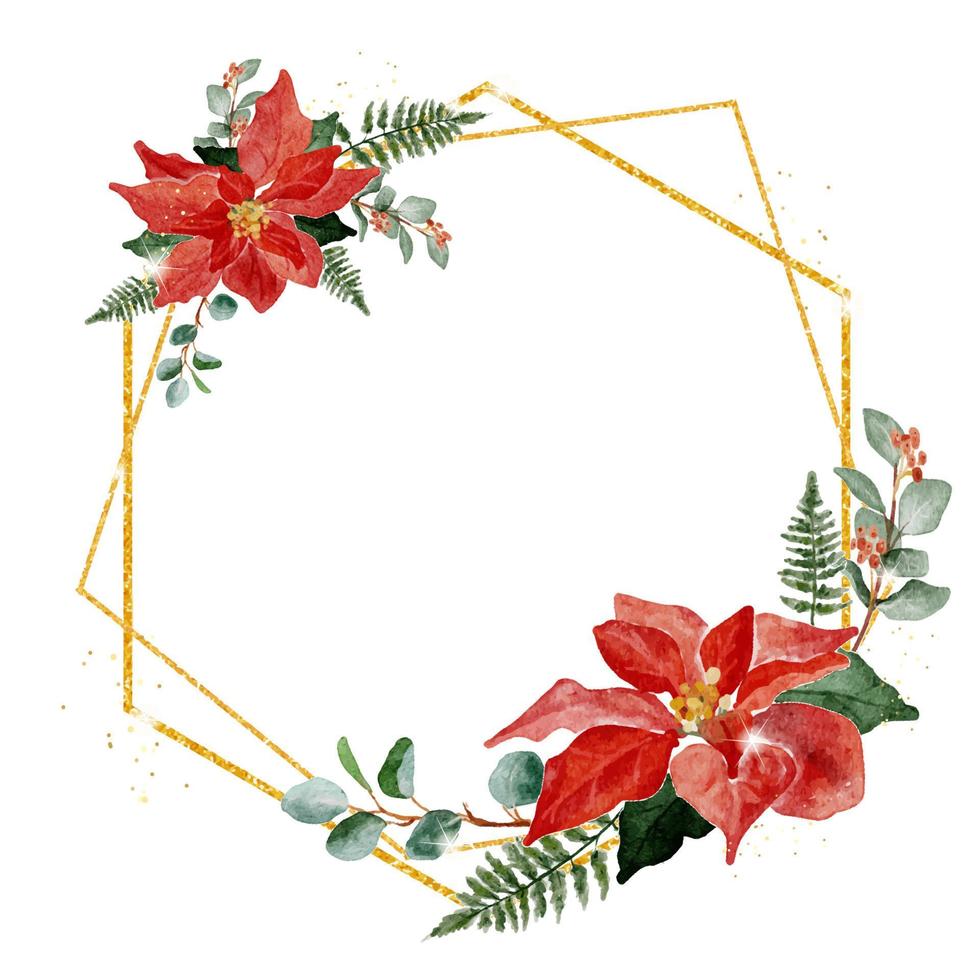 ramo de flores de poinsettia roja acuarela marco de brillo dorado aislado sobre fondo blanco vector