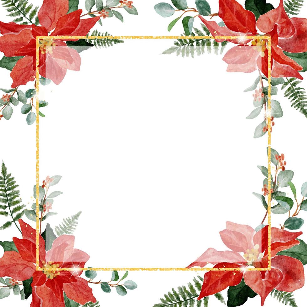 watercolor red poinsettia flower bouquet gold glitter frame banner background vector