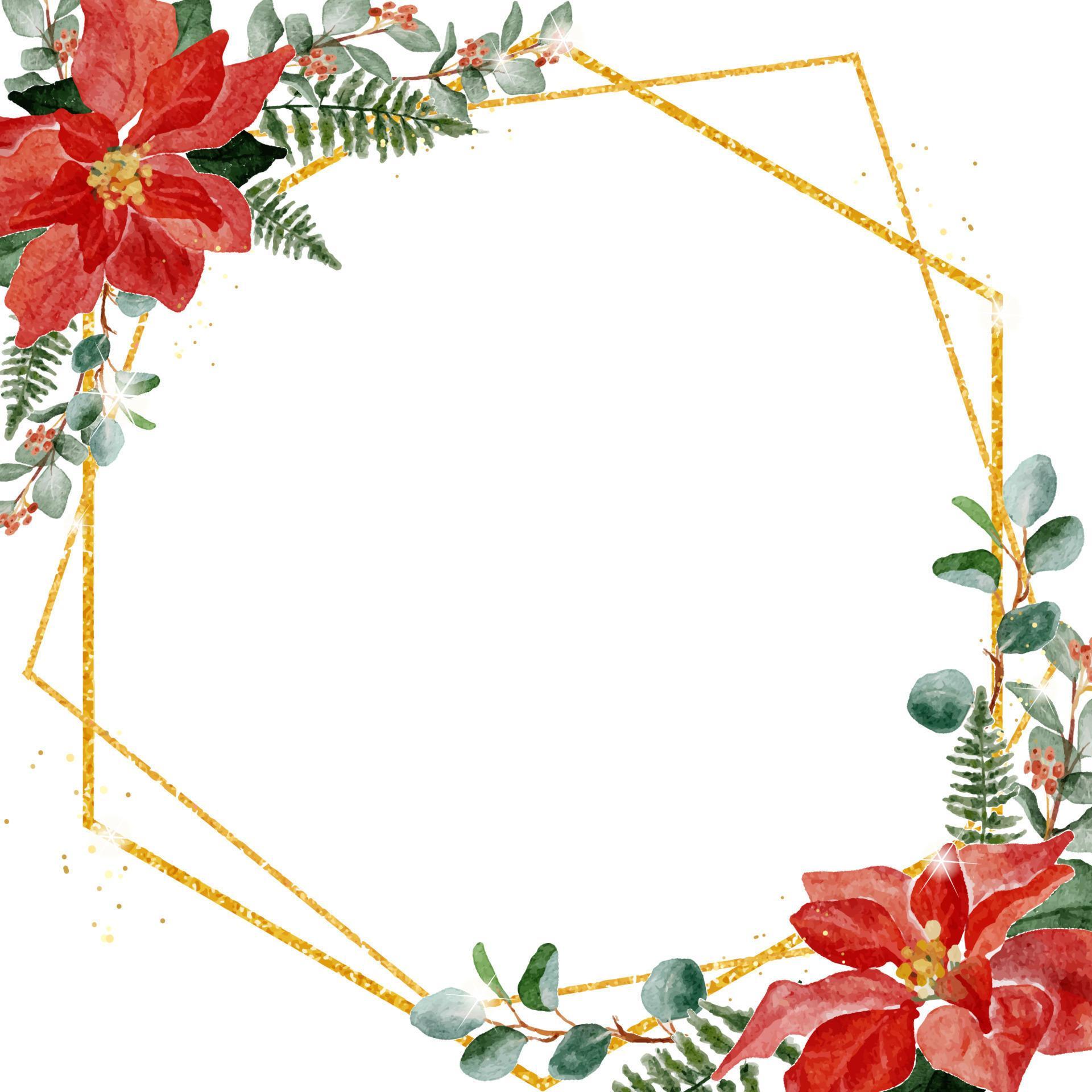 watercolor christmas poinsettia flower bouquet wreath frame with gold ...