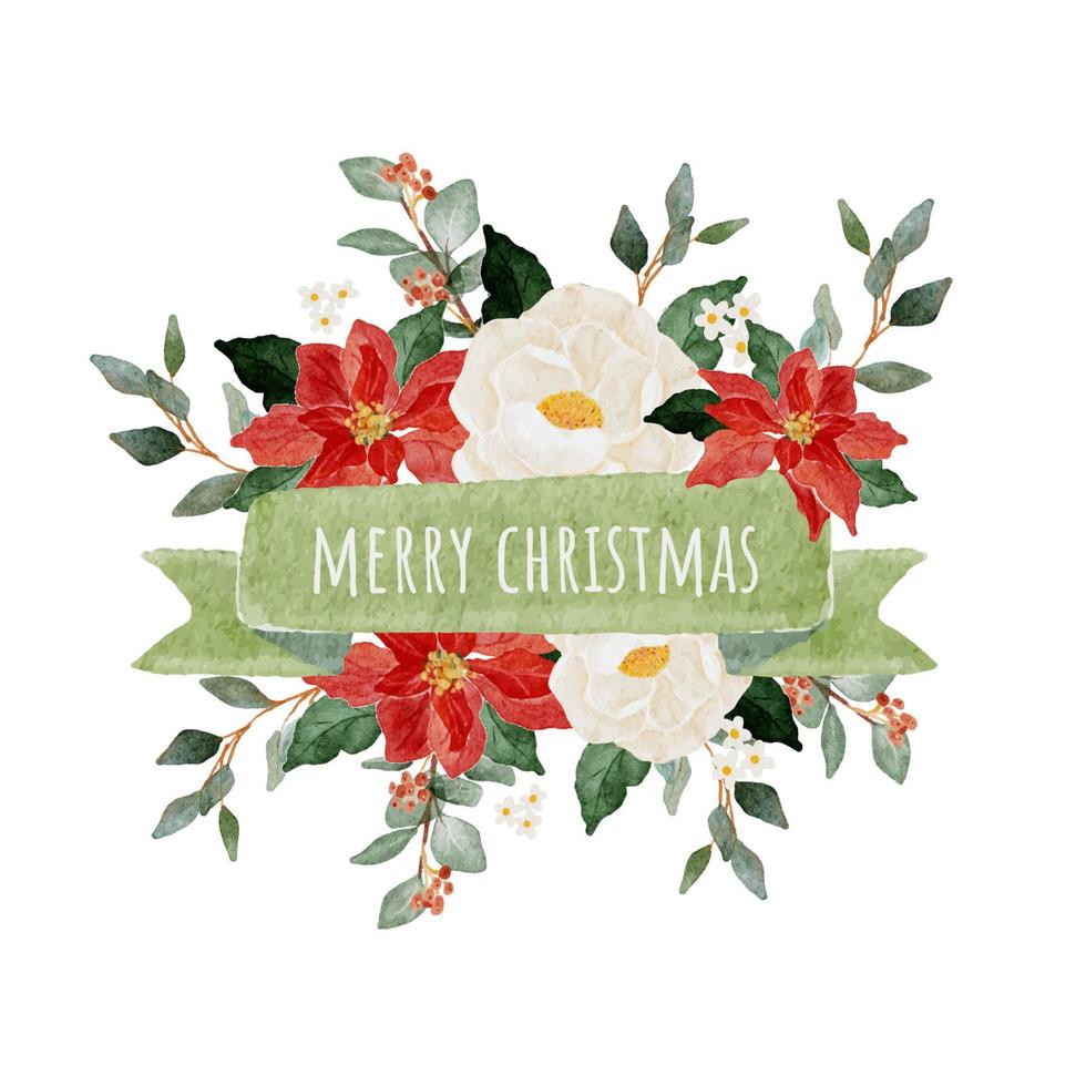 watercolor christmas flower bouquet wreath with ribbon banner for text vector
