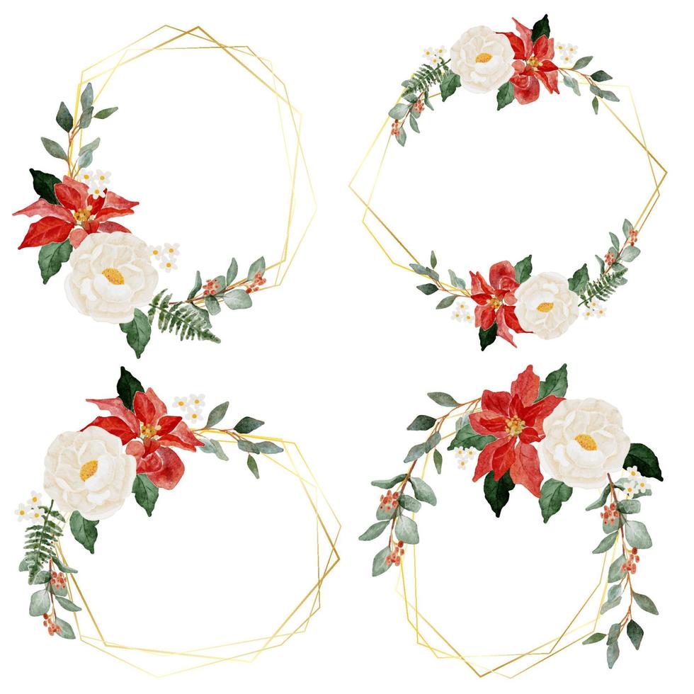 watercolor christmas flower bouquet wreath with gold frame collection vector