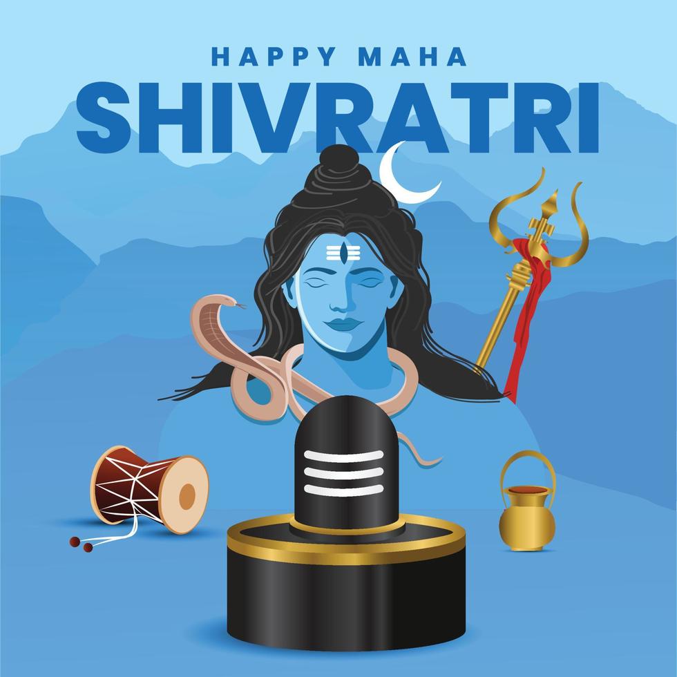 Greeting card with lingam and floral decoration for Maha Shivratri, a Hindu festival celebrated of Shiva Lord. Vector illustration.