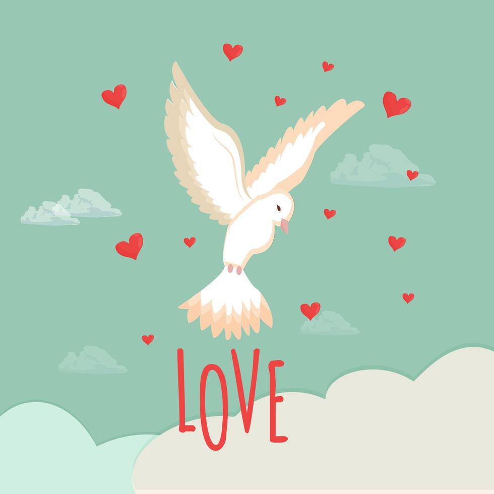 Greeting with Valentine day white dove, pigeon in the sky with clouds and hearts. Poster, banner card in bright colors. Text Love. Vector illustration