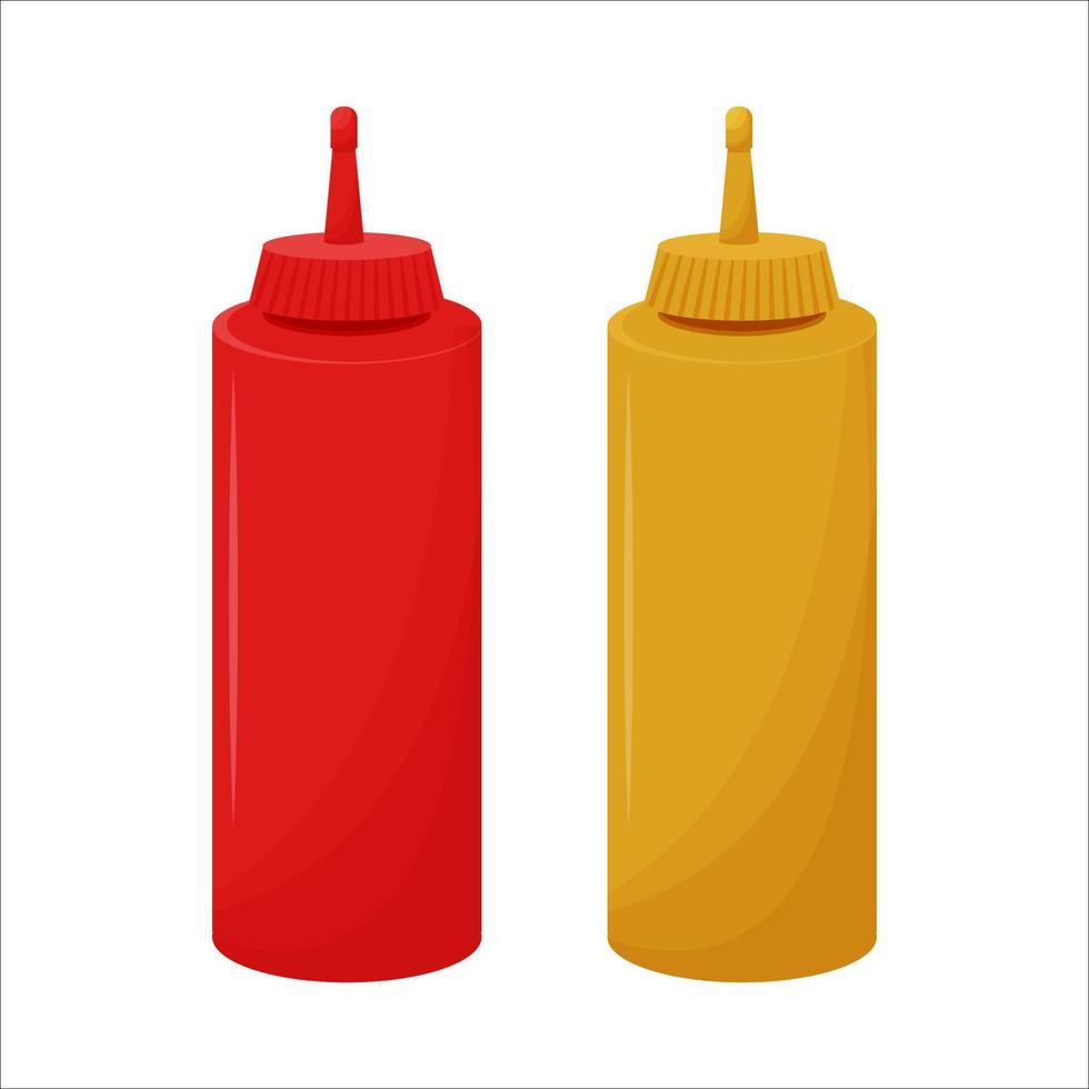 Ketchup and mustard isolated on white background in flat style stock objects. Plastic bottles in red and yellow color. Tube with sauce for fast food. Vector illustration