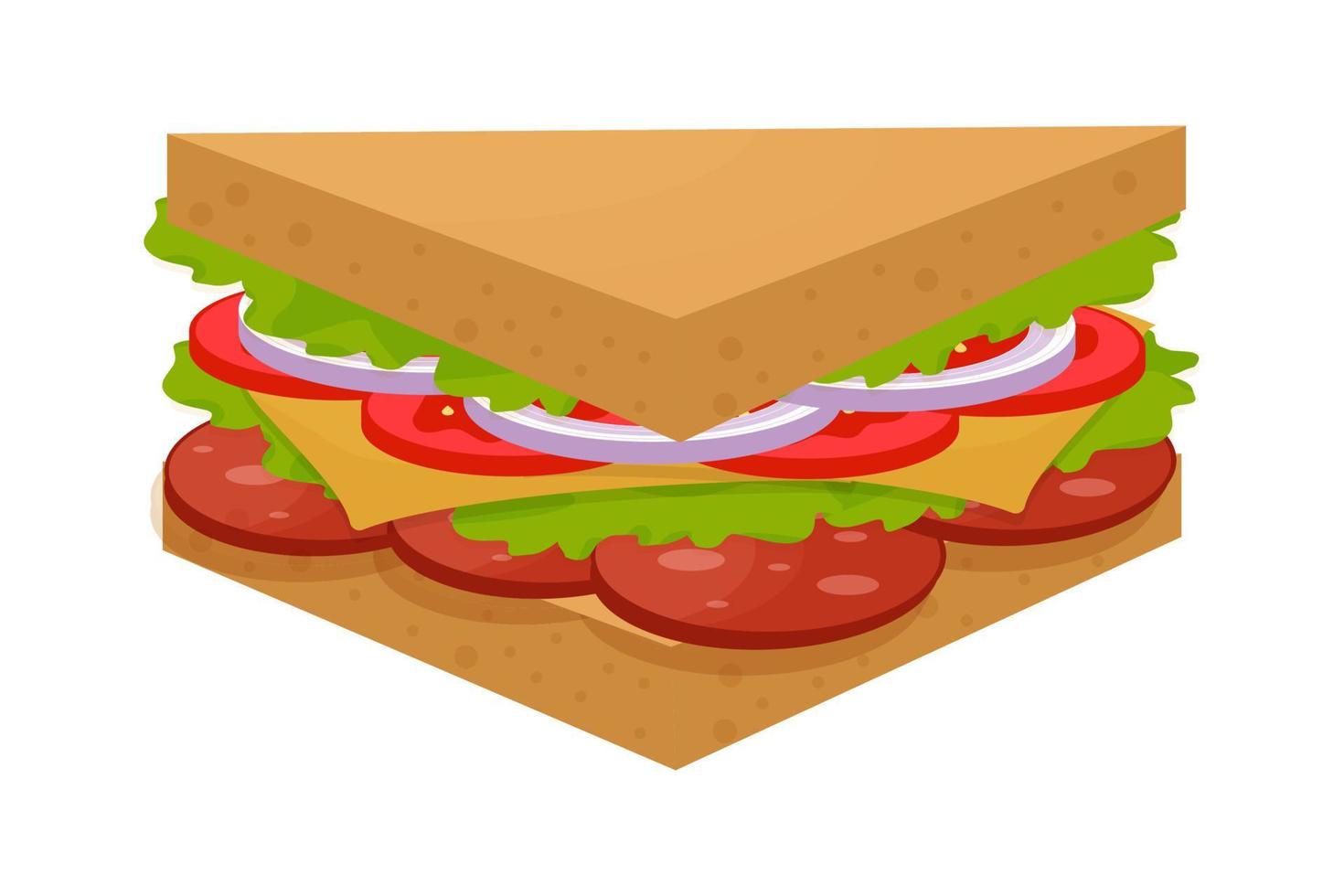 Tasty, delicious triangle sandwich, colorful and detailed isolated on white background. Salami, green leaves, tomato, cheese and onion ingredients. Vector illustration