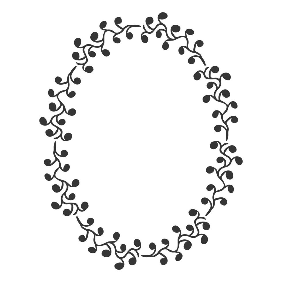 Elegant oval floral frame, border silhouette in hand drawn doodle style isolated on white background. Wreath decoration, delicate clip art. Vector illustration
