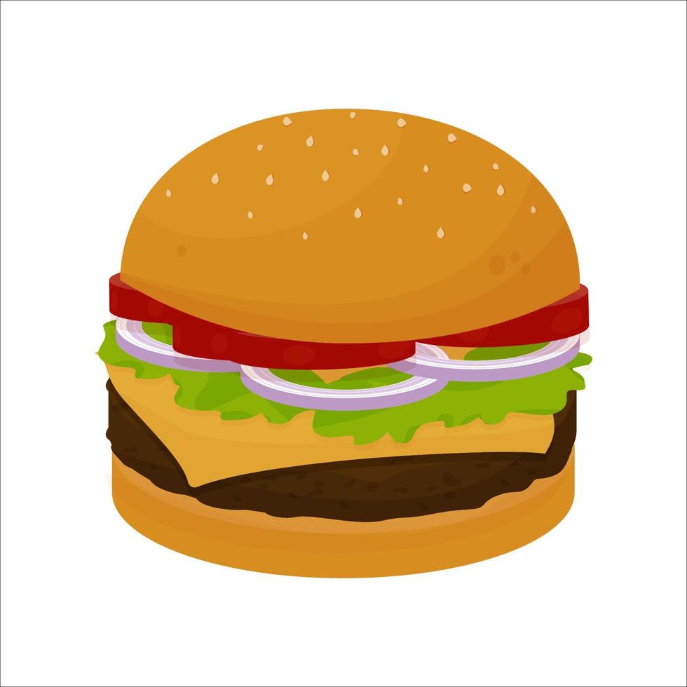 Hamburger Classic Burger American Cheeseburger with Lettuce Tomato Onion Cheese Beef and Sauce Close up isolated on white Background. Fast Food. Vector illustration