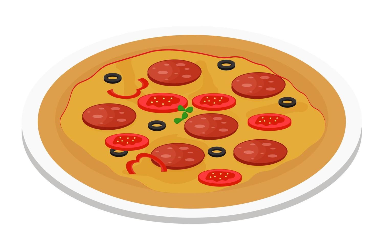 pizza redonda en plato con tomate, aceitunas, salami aislado sobre fondo blanco. cocina italiana, comida rápida. vector