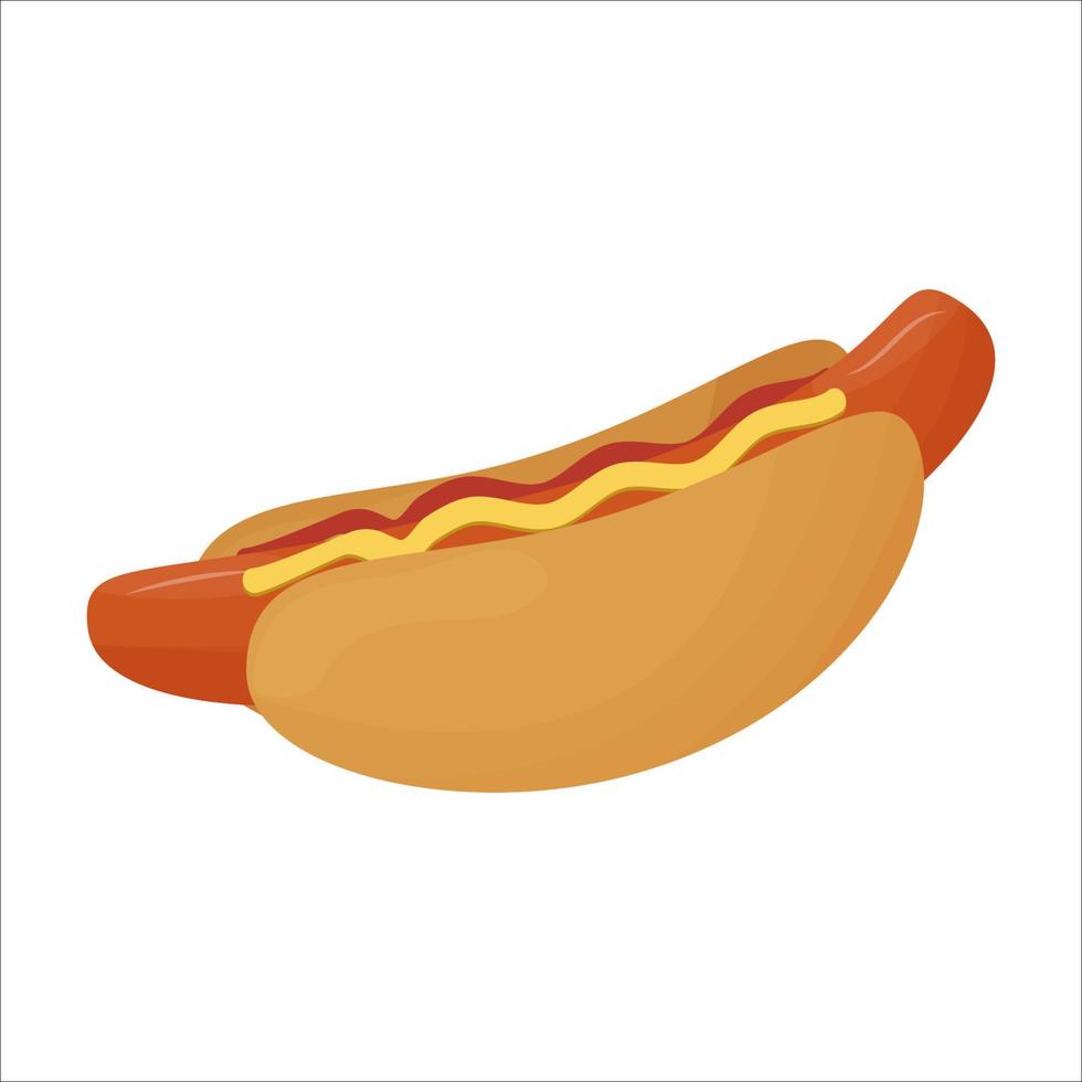 hotdog sabroso y colorido con salchicha y mostaza aislado sobre fondo blanco. comida rápida tradicional, elemento de diseño. ilustración vectorial vector