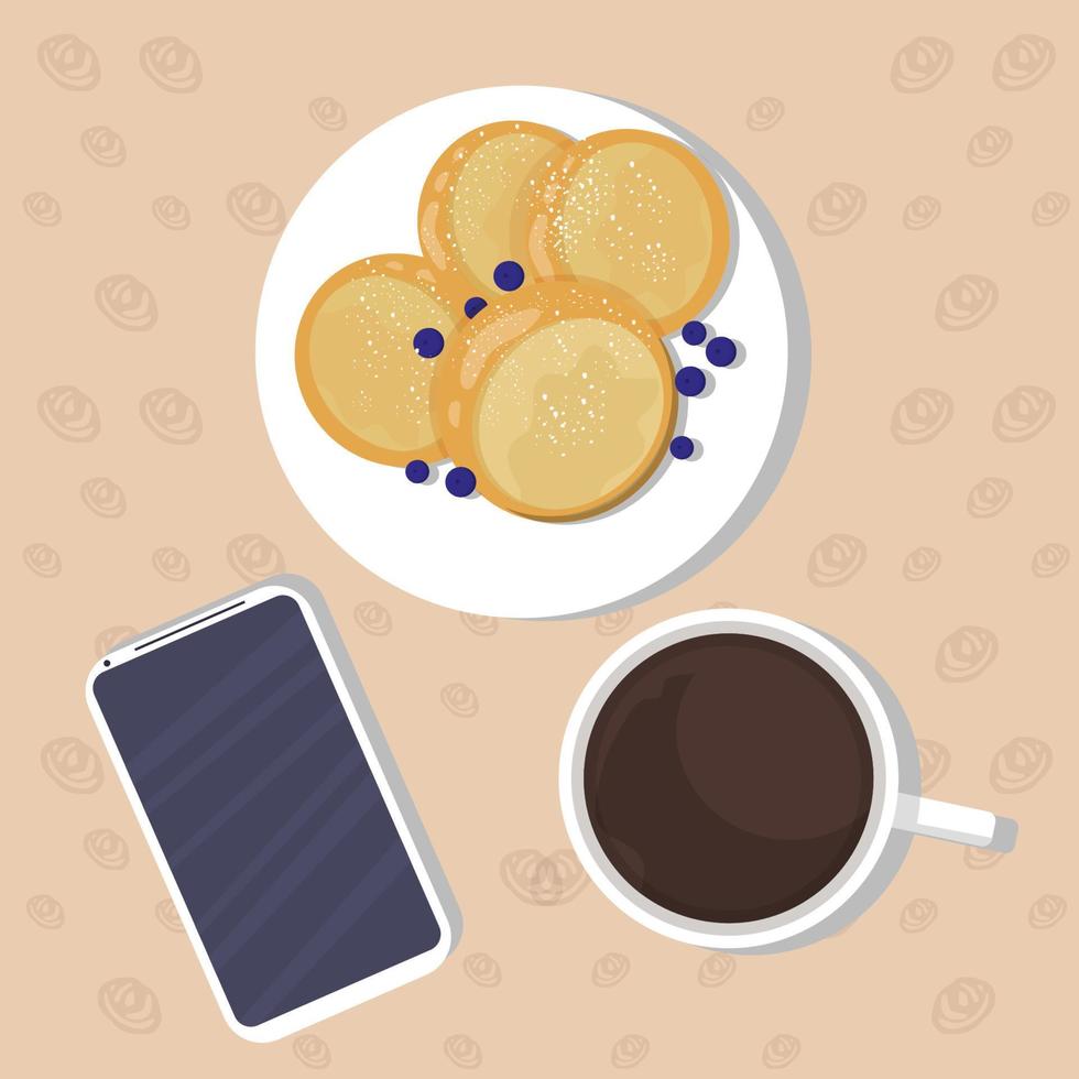 Cup of coffee, pancakes with blueberry on plate top view and phone on modern background. Advertisement composition, poster. Breakfast, morning food. Vector illustration