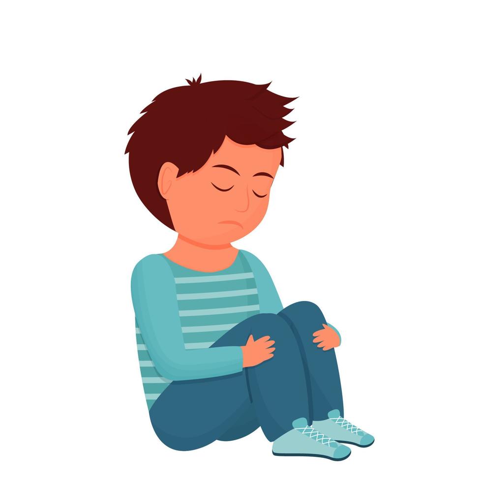 Sad, depressed child, kid sitting alone. Emotional pose, face. Psychology problem, stress concept isolated on white background. Vector illustration