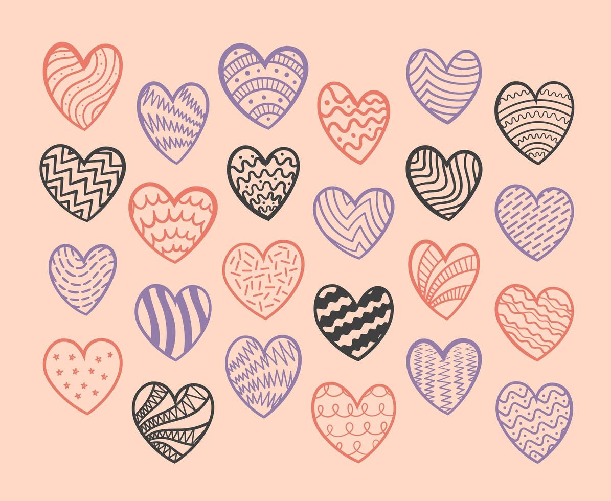 Red handwritten hearts in different styles and shapes. vector