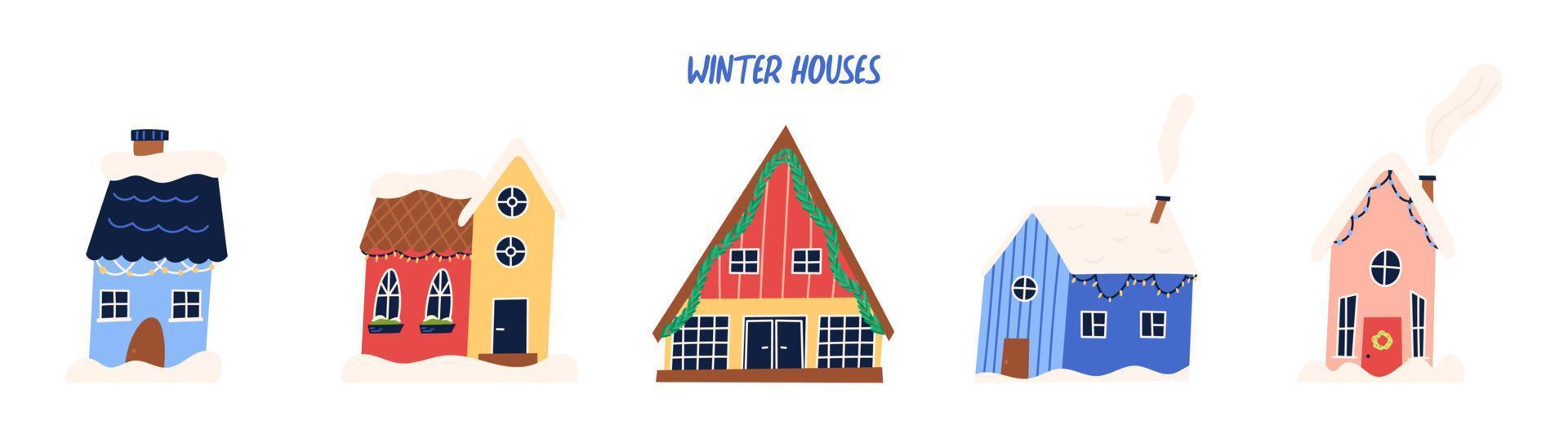 Set of cute winter houses with Christmas decorations, flat vector illustration isolated on white background. Hand drawn building exterior in snow.