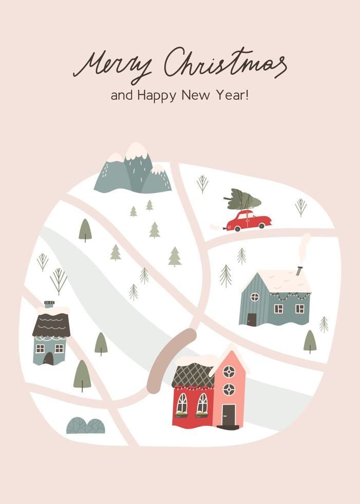 cartel de feliz navidad y feliz año nuevo con mapa de invierno con carretera, río, casas y árboles - ilustración de vector plano. tarjeta de felicitación de vacaciones dibujada a mano con elementos de temporada.