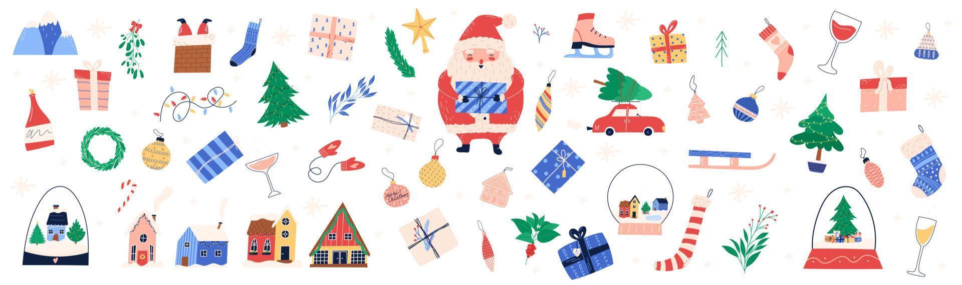 lindo conjunto de elementos de navidad e invierno, ilustración de vector plano de dibujos animados aislado sobre fondo blanco. gran colección de cajas de regalo, casas, plantas y decoraciones dibujadas a mano.
