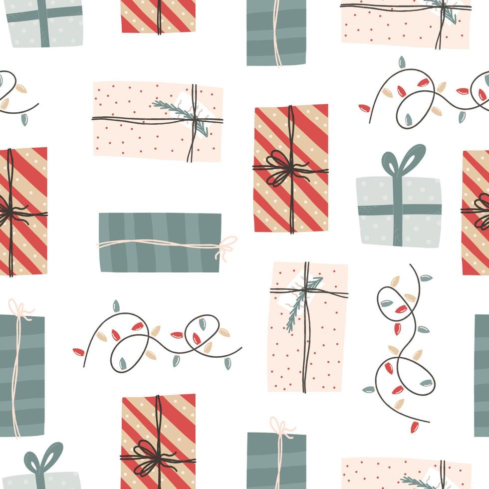 Christmas gift boxes and festive light seamless pattern, flat vector illustration on white background. Winter holidays celebration present packages with texture.